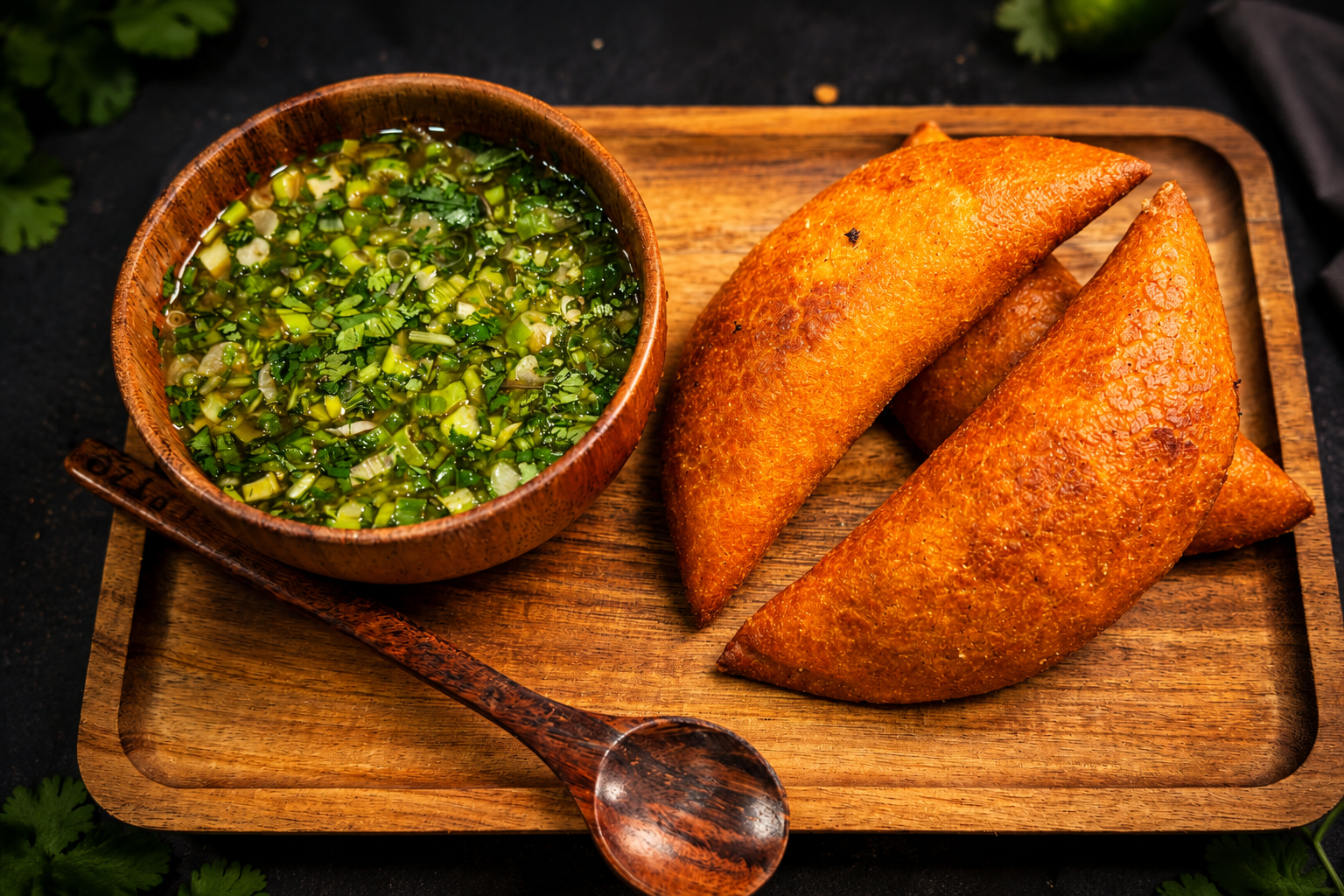 El Trío de Pacho — golden Colombian empanadas with green ají sauce on a wooden tray