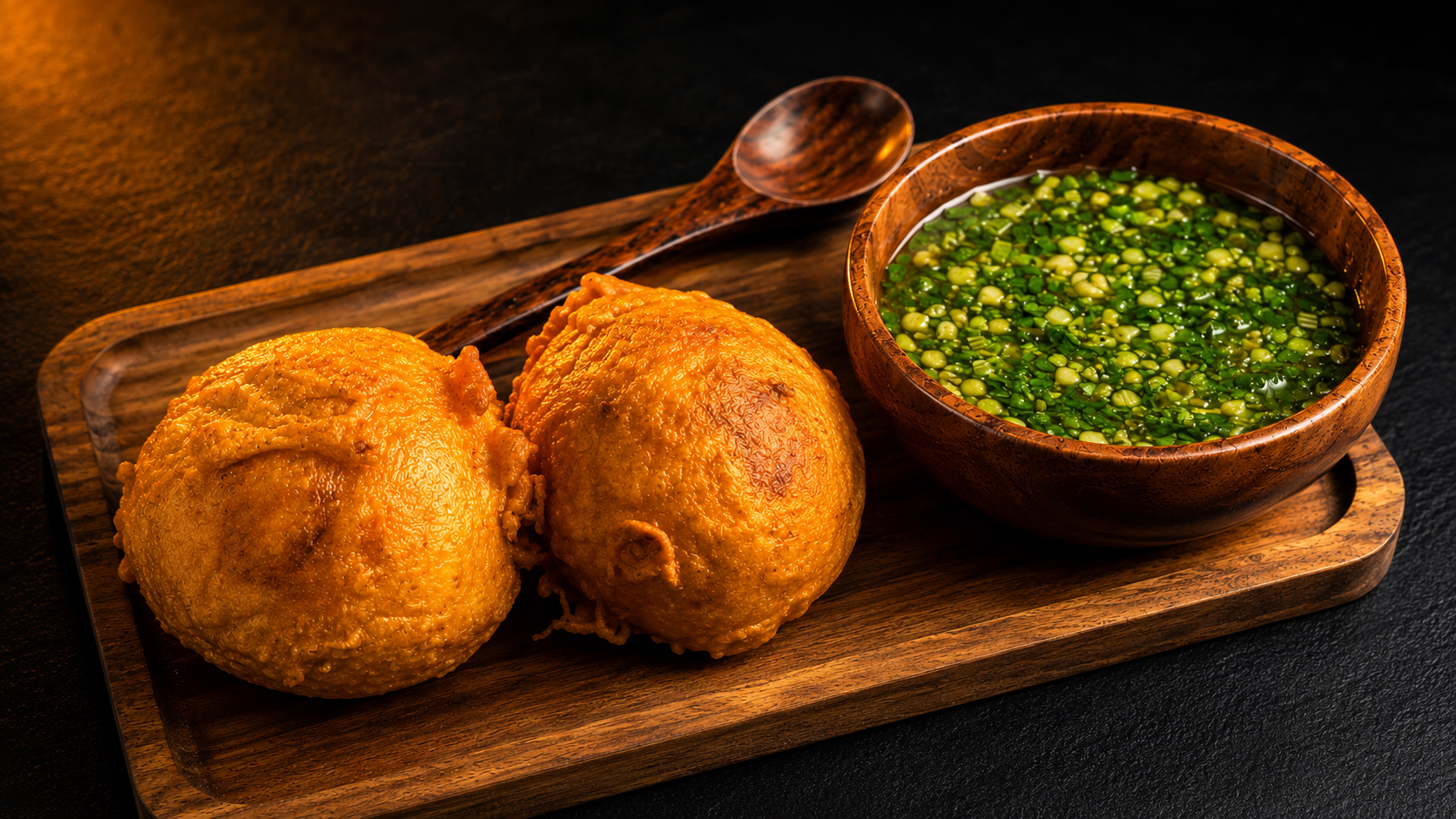La Rellena Parce — golden Colombian stuffed potatoes with green ají sauce on a wooden tray