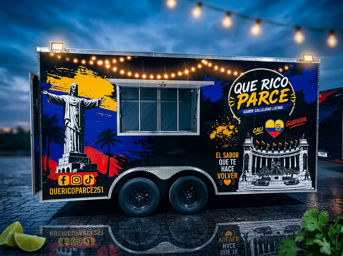 The Que Rico Parce food trailer — cinematic dusk shot with glowing string lights and bold Colombian colors